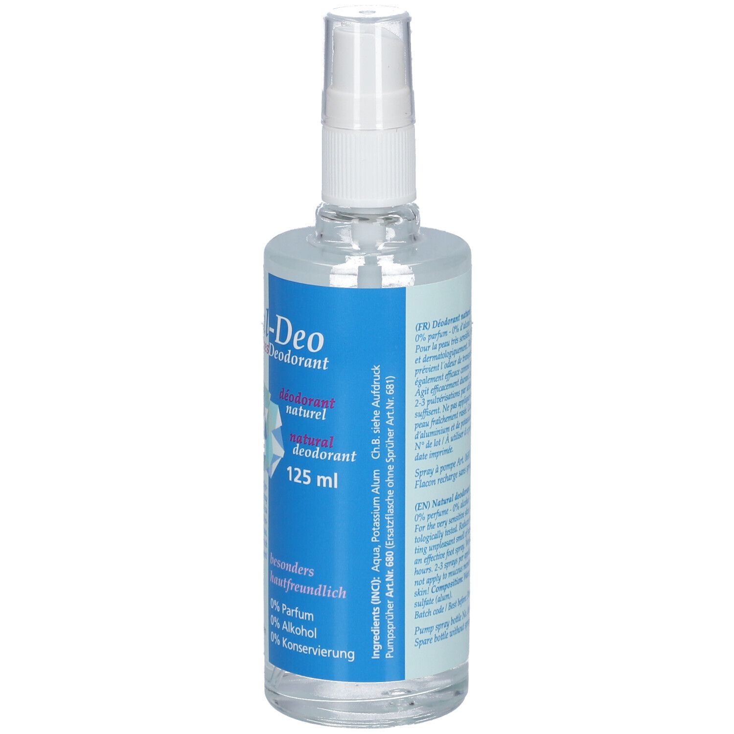 Flacon spray transparent avec tête de pulvérisation blanche. Étiquette avec informations sur le produit. Mineral-Deo, 125 ml, ATABA.