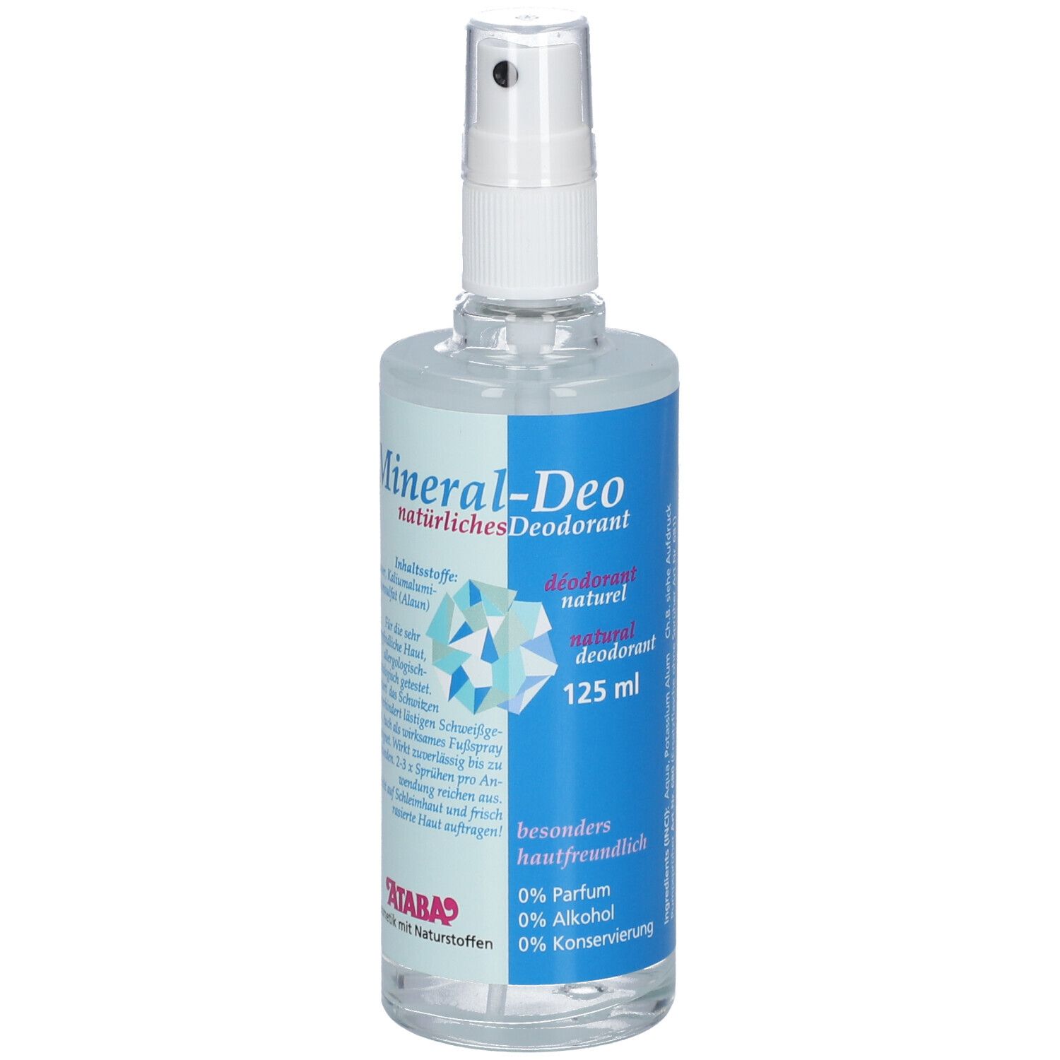 Flacon spray transparent avec tête de pulvérisation blanche. Étiquette avec informations sur le produit. Mineral-Deo, 125 ml, ATABA.