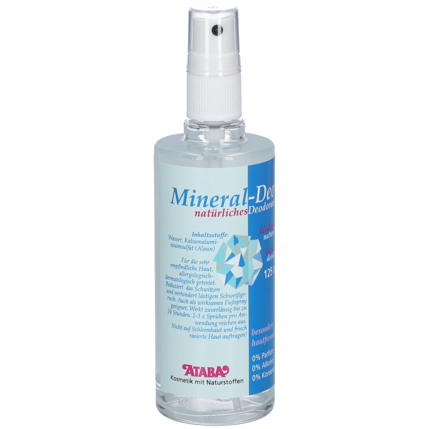 Flacon spray transparent avec tête de pulvérisation blanche. Étiquette avec informations sur le produit. Mineral-Deo, 125 ml, ATABA.
