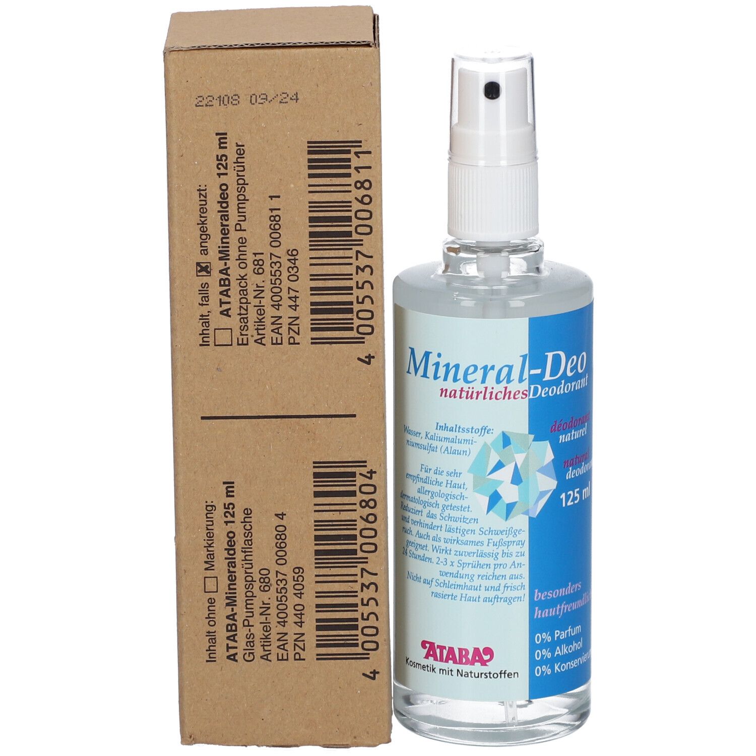 Emballage du produit et flacon pulvérisateur. Boîte en carton avec informations sur le produit. ATABA-Mineral-Deo, 125 ml.