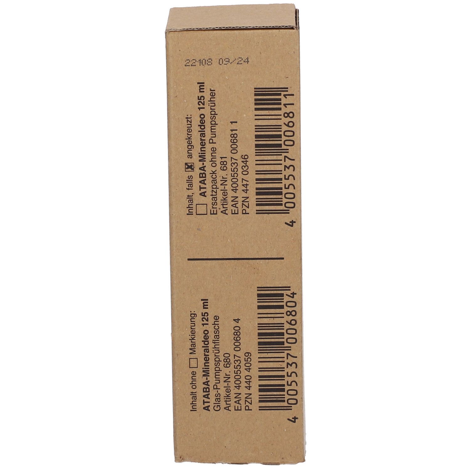 Emballage du produit. Boîte en carton avec informations sur le produit. ATABA-Mineral-Deo, 125 ml.
