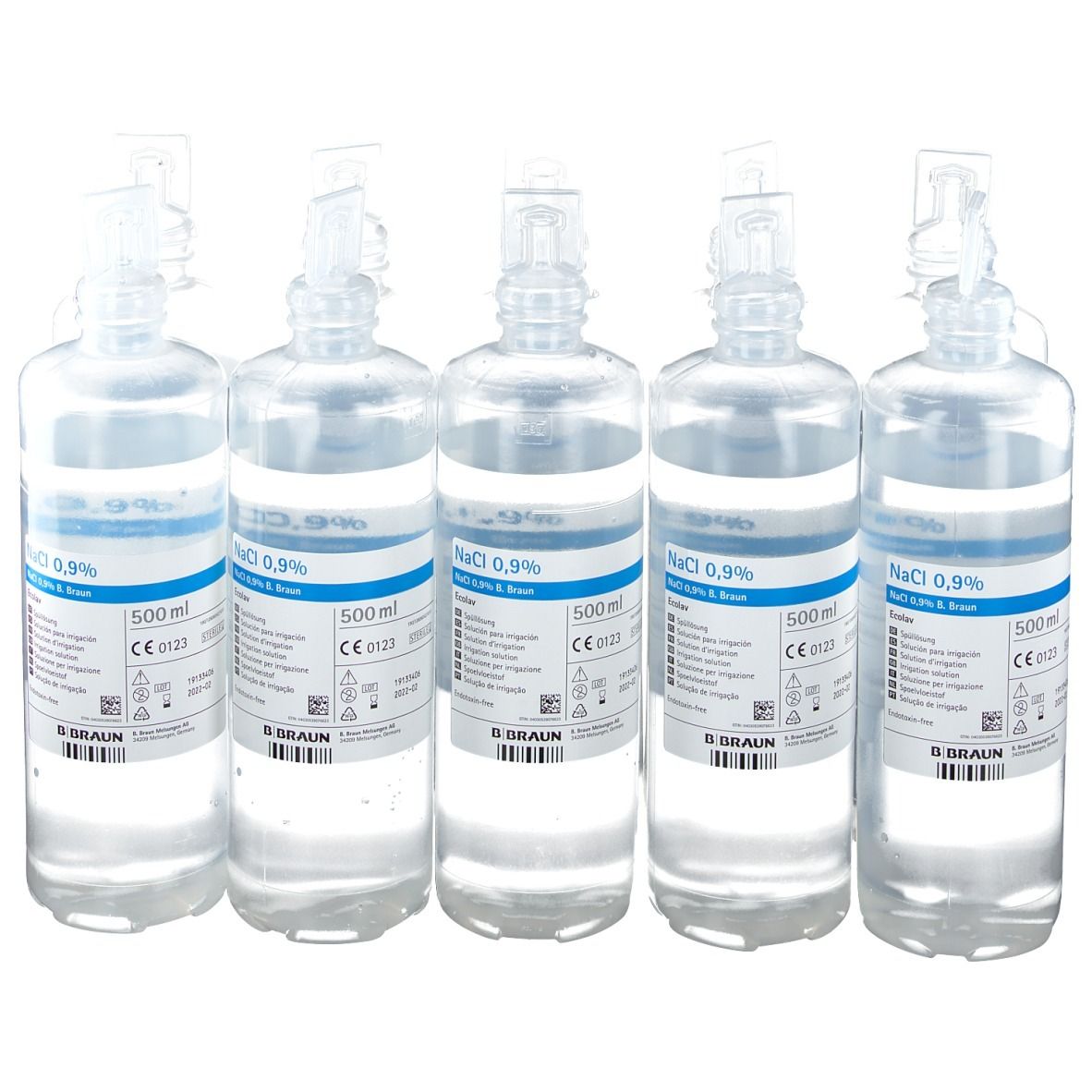 Boîte en carton de NaCl 0,9% B. Braun Ecolav. Inscriptions : NaCl 0,9%, 10 x 500 ml, marquage CE, logo B. Braun.