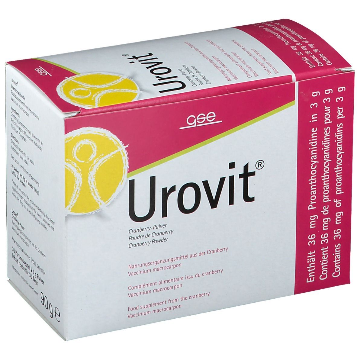 Boîte de portions Urovit®. Carton blanc avec accents roses. Inscription Urovit® et poudre de canneberge. Logo GSE.