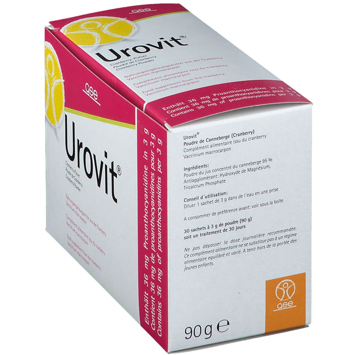 Emballage Urovit®, en biais. Carton blanc avec accents roses. Inscription Urovit® et poudre de canneberge. 90g. Logo GSE.