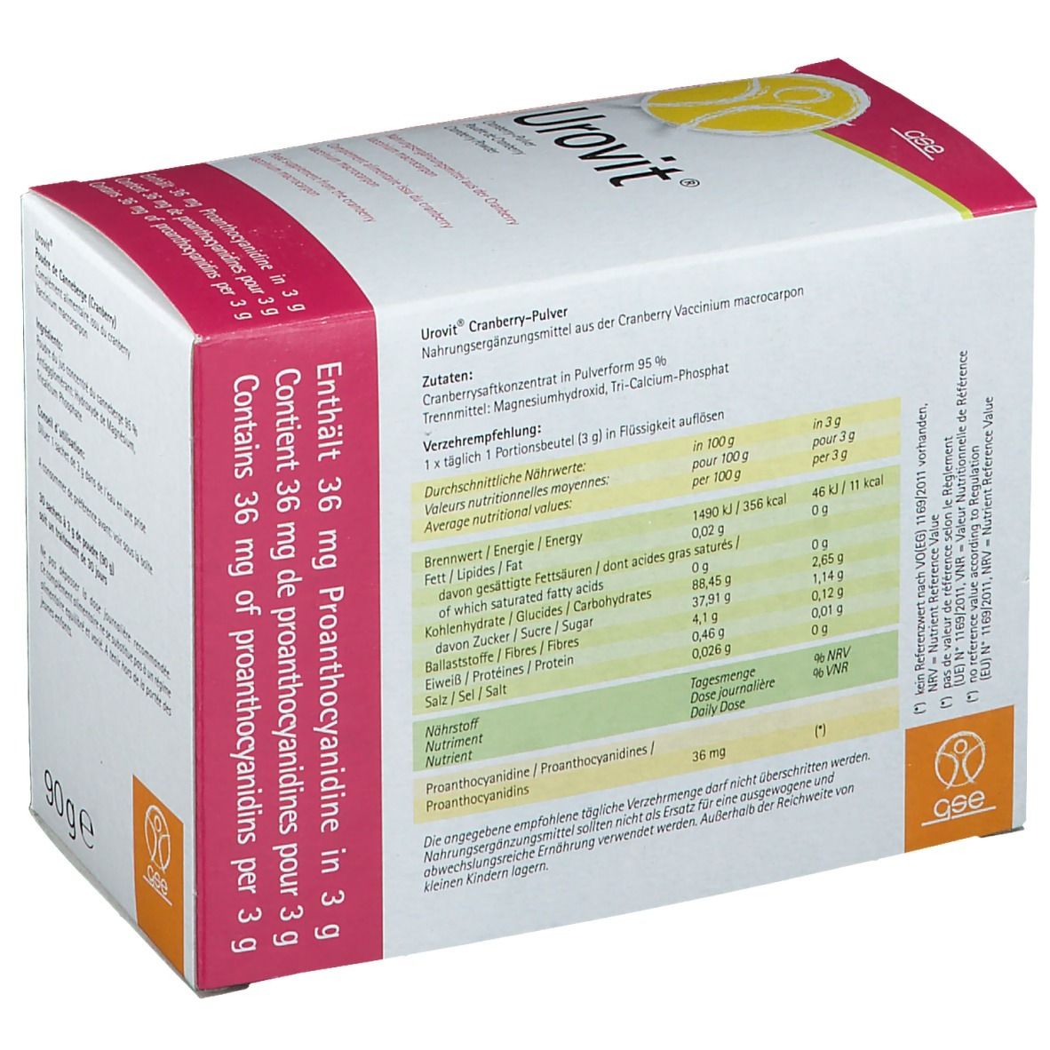 Emballage Urovit®, dos. Carton blanc avec accents roses. Informations nutritionnelles et ingrédients. 90g. Logo GSE.