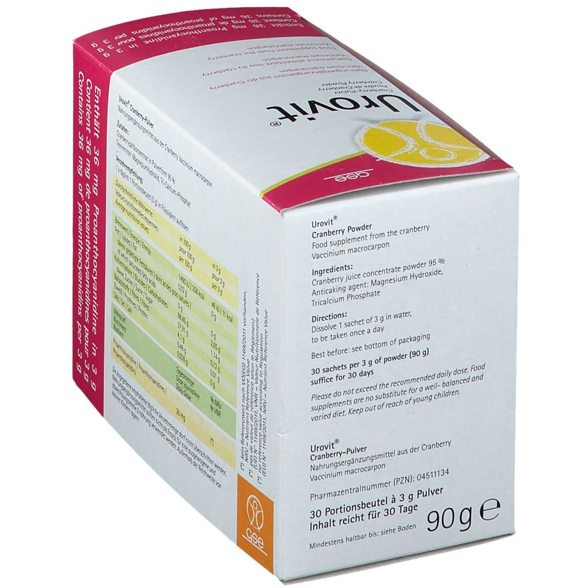 Emballage Urovit®, en biais. Carton blanc avec accents roses. Inscription Urovit® et poudre de canneberge. 90g. Logo GSE.