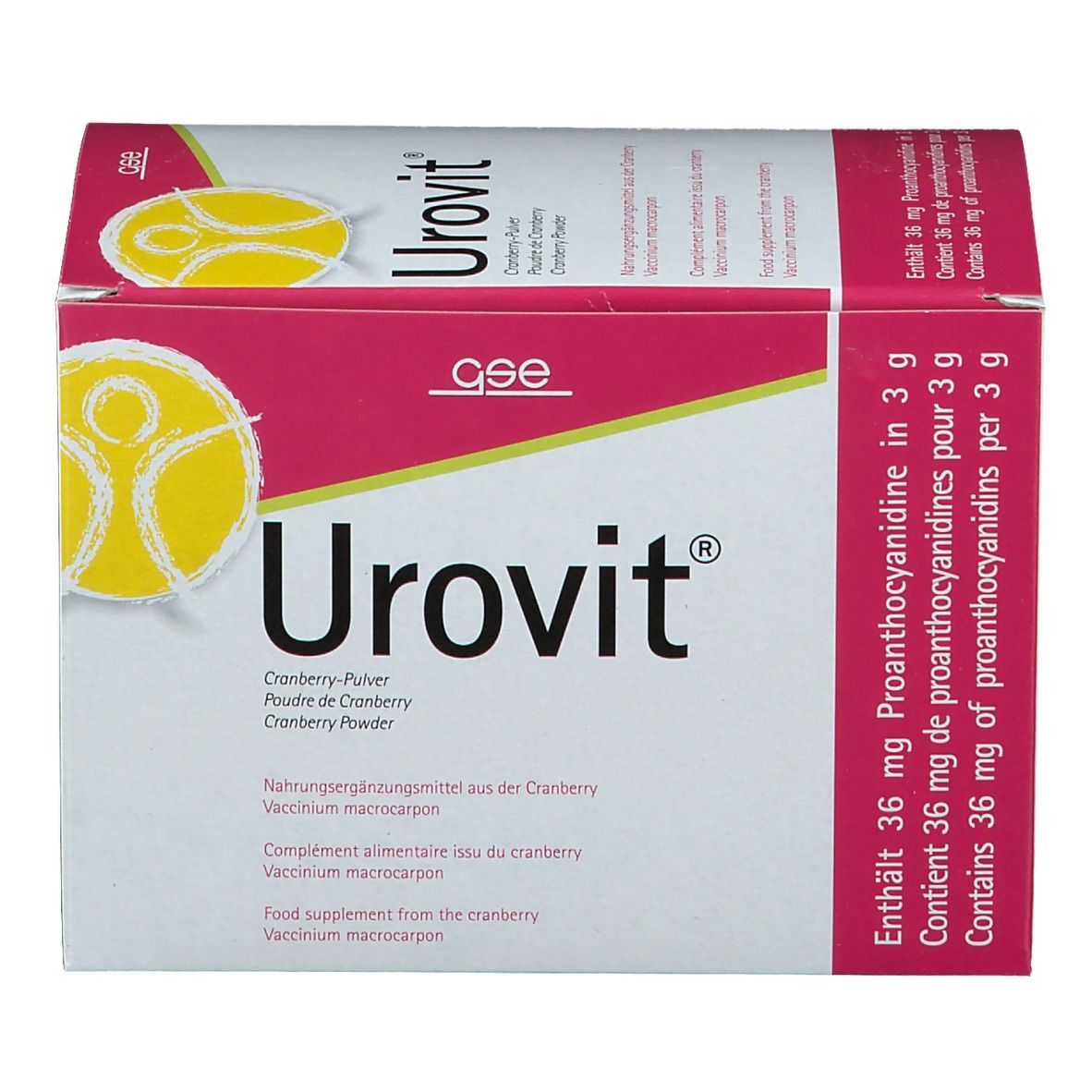 Boîte de portions Urovit®. Carton blanc avec accents roses. Inscription Urovit® et poudre de canneberge. Logo GSE.