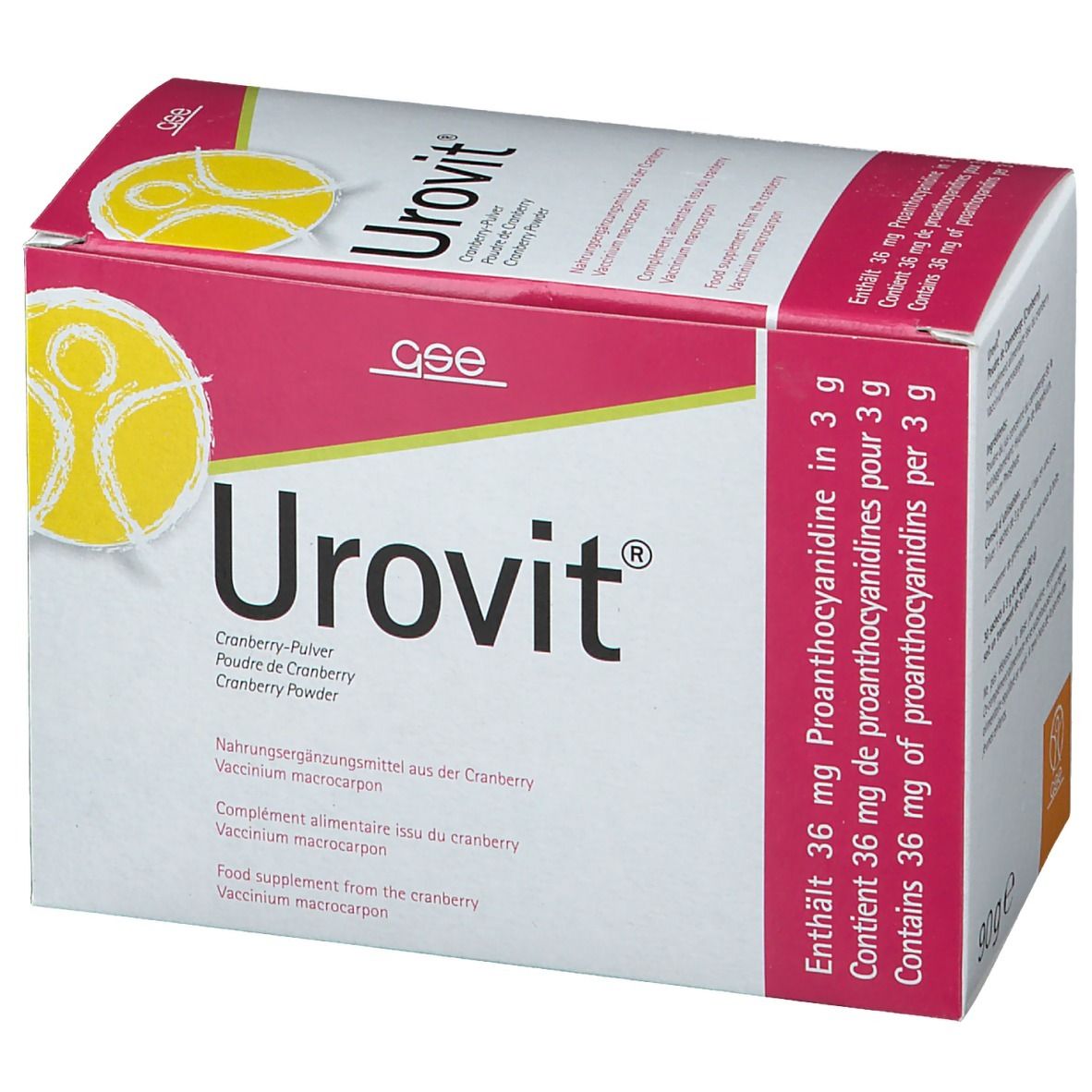 Boîte de portions Urovit®. Carton blanc avec accents roses. Inscription Urovit® et poudre de canneberge. Logo GSE.