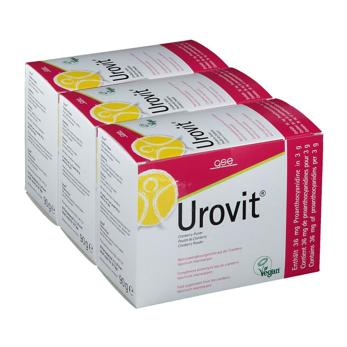 Trois boîtes de Urovit® Portionsbeutel. Blanc, avec texte rouge et jaune. Label végan.