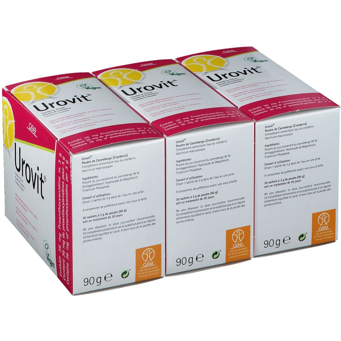 Trois boîtes de Urovit® Portionsbeutel. Blanc, avec texte rouge et jaune. Texte au dos.