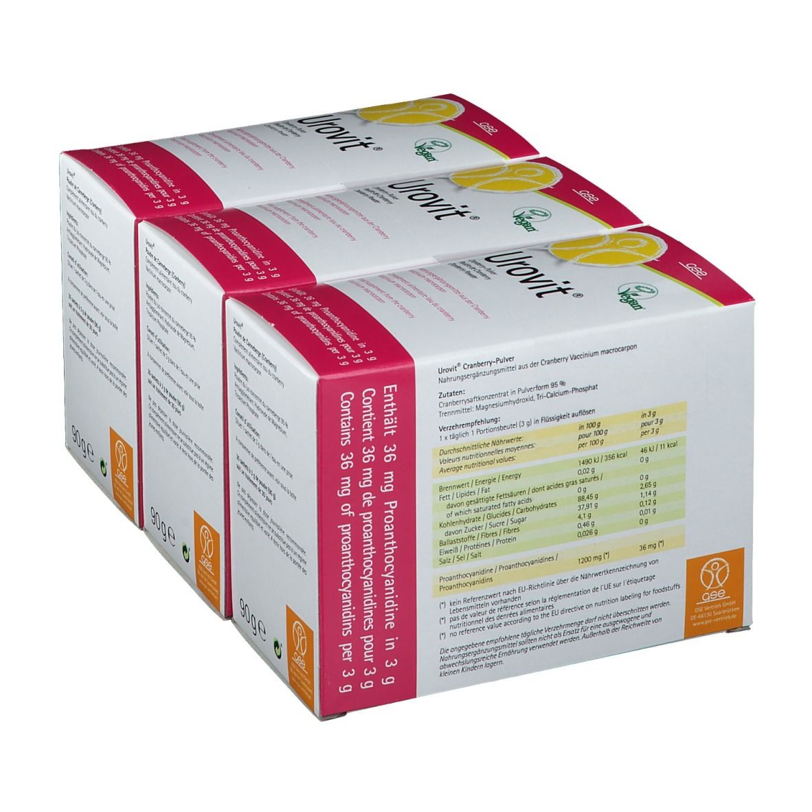 Trois boîtes de Urovit® Portionsbeutel. Blanc, avec texte rouge et jaune. Tableau nutritionnel.
