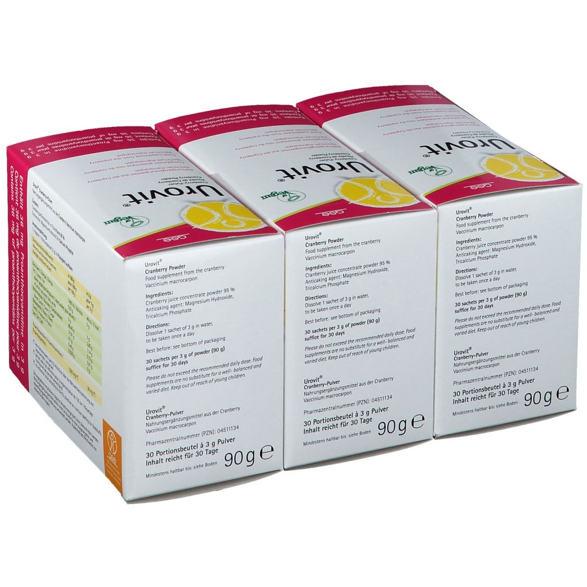 Trois boîtes de Urovit® Portionsbeutel. Blanc, avec texte rouge et jaune. Texte au dos.