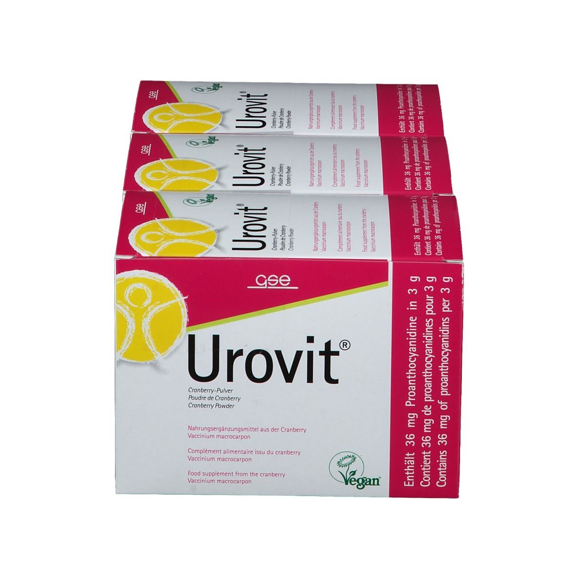 Quatre boîtes de Urovit® Portionsbeutel. Blanc, avec texte rouge et jaune. Label végan.