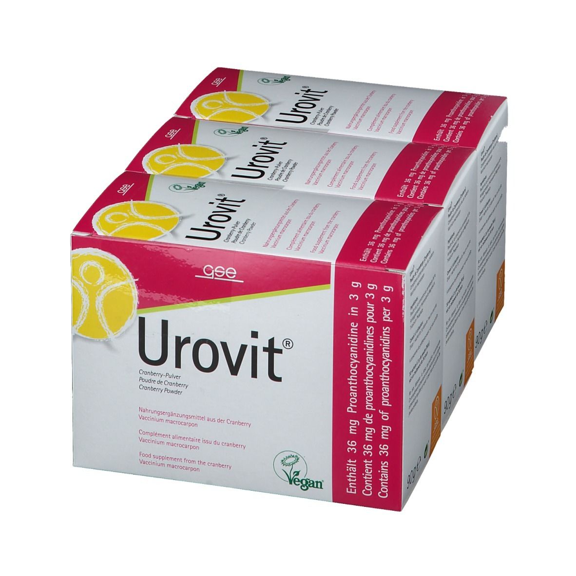Trois boîtes de Urovit® Portionsbeutel. Blanc, avec texte rouge et jaune. Label végan.