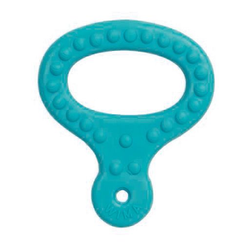 Anneau de dentition turquoise avec poign",e et forme ovale. Surface ", dot",e de picots. Trou ", l'extr",mit", de la poign",e.