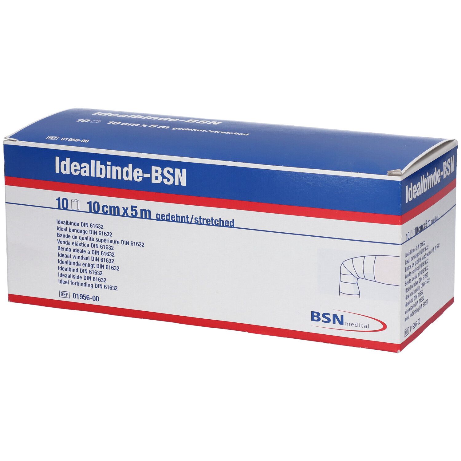 Emballage Idealbinde-BSN. Design bleu et blanc. 10 cm x 5 m étiré. Logo BSN medical.
