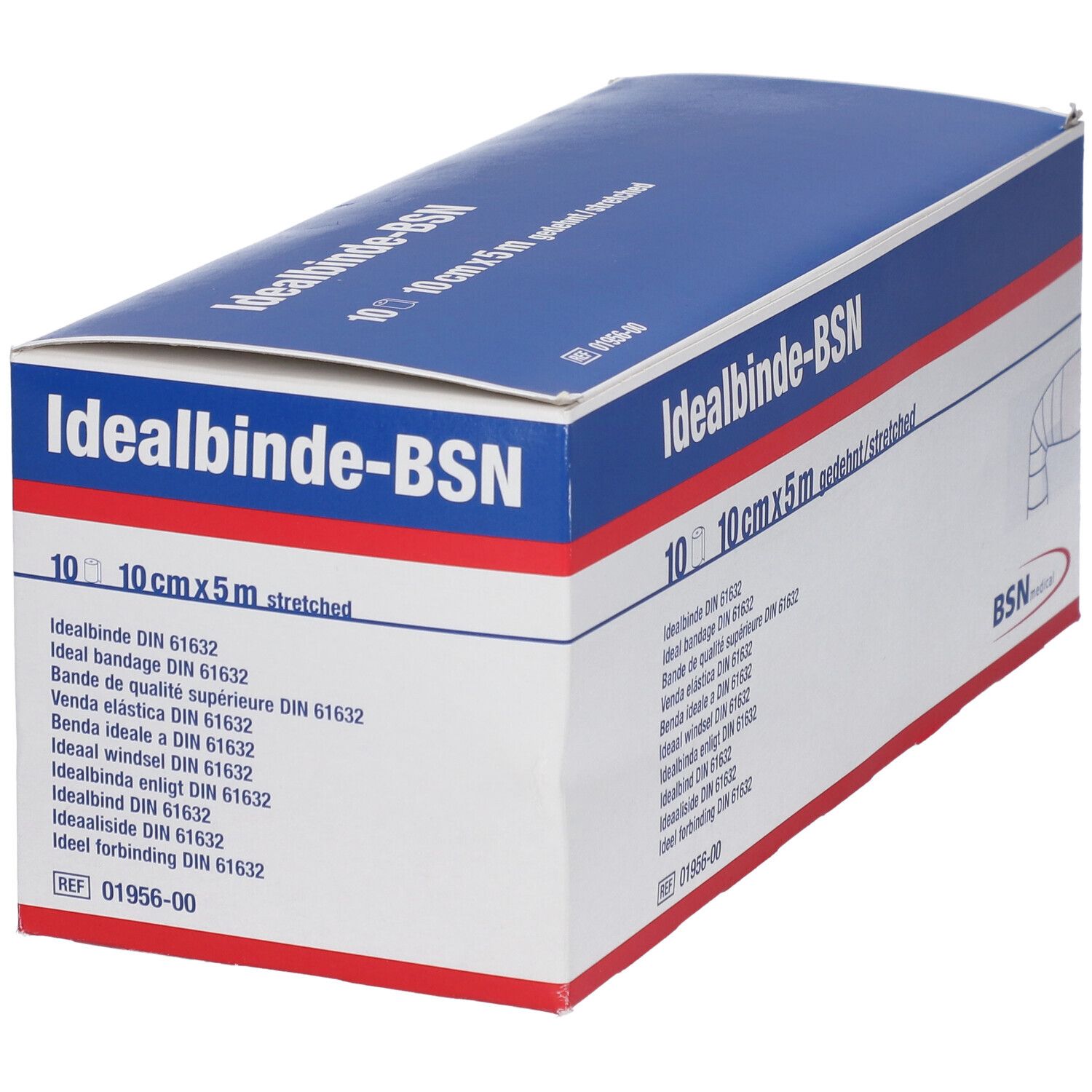 Emballage Idealbinde-BSN. Design bleu et blanc. 10 cm x 5 m étiré. Logo BSN medical.