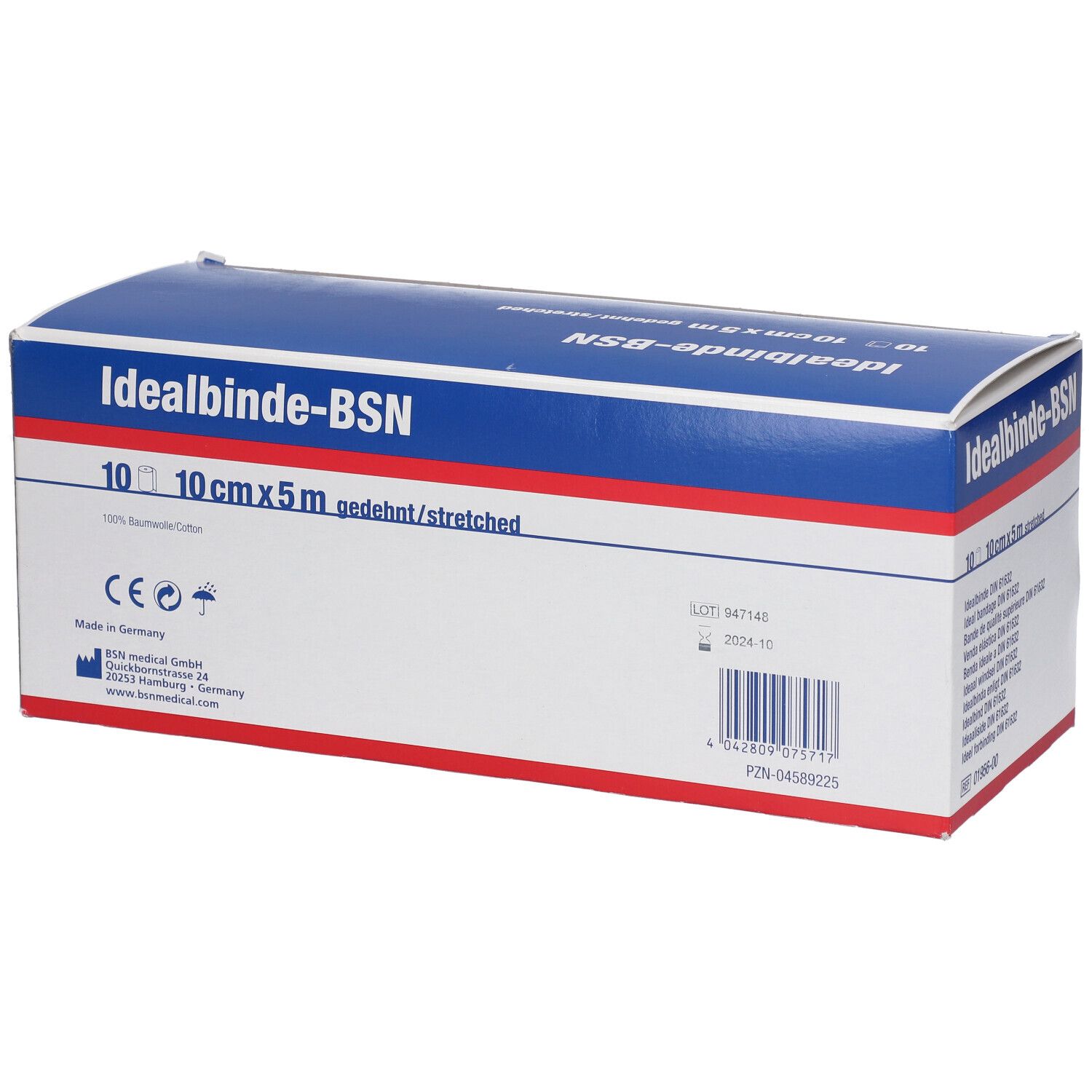 Emballage Idealbinde-BSN. Design bleu et blanc. 10 cm x 5 m étiré. Marquage CE.
