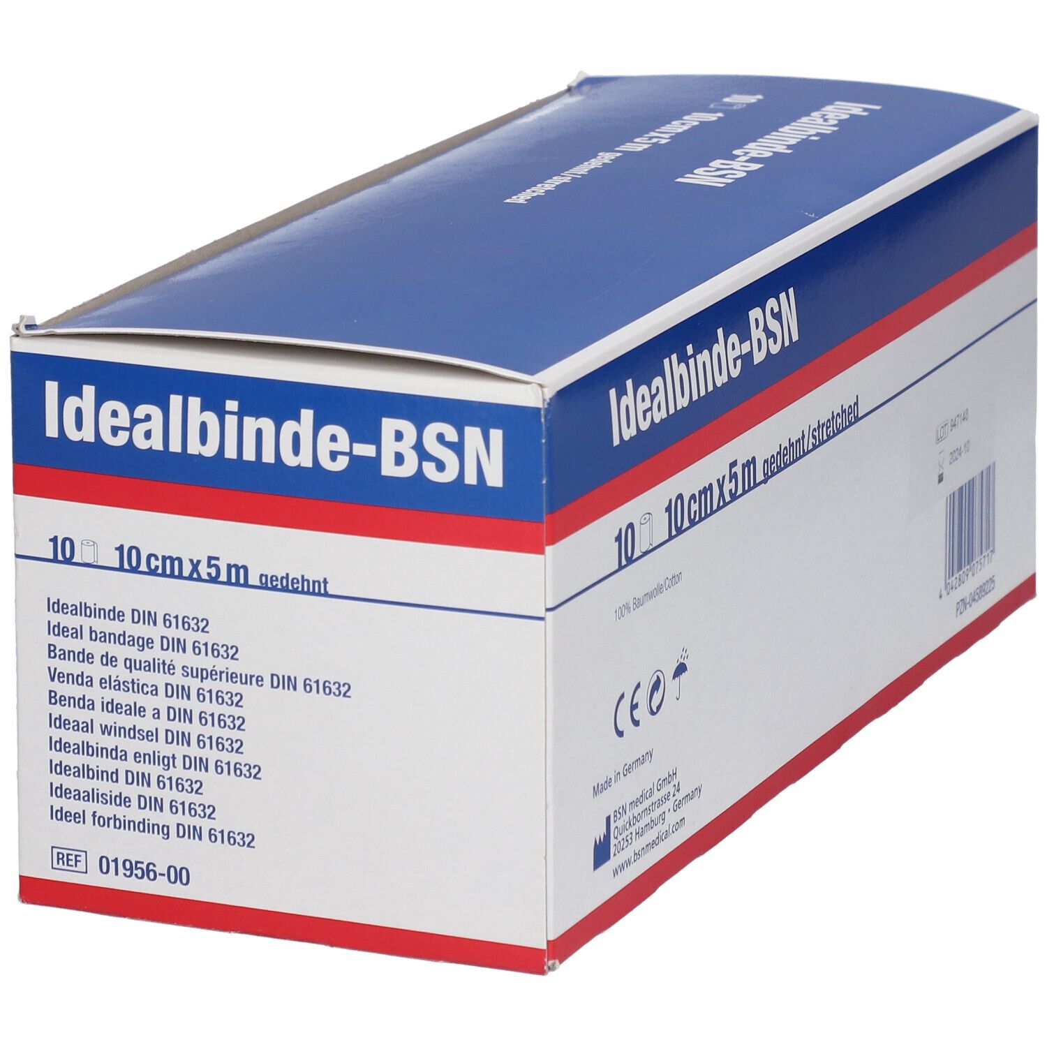 Emballage Idealbinde-BSN. Design bleu et blanc. 10 cm x 5 m étiré. Marquage CE.