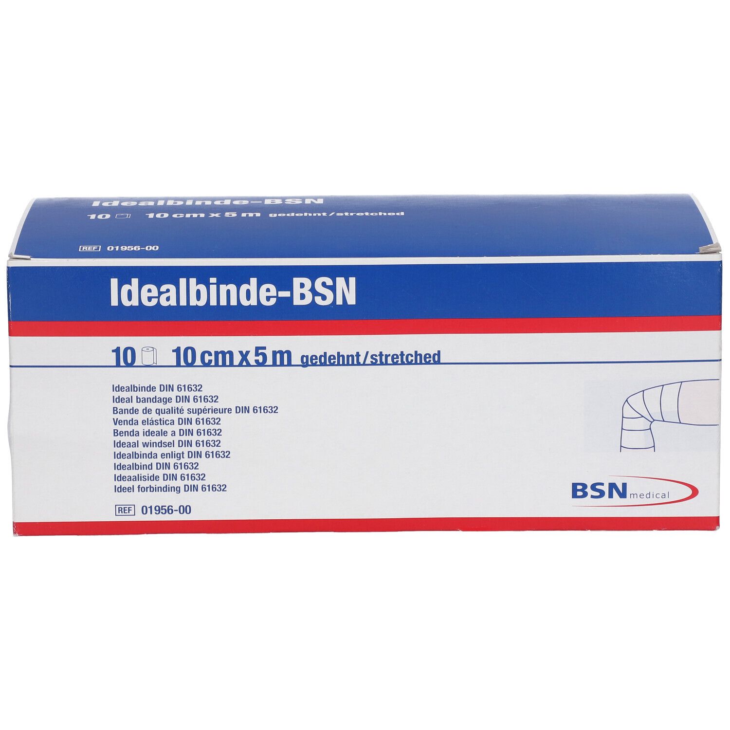 Emballage Idealbinde-BSN. Design bleu et blanc. 10 cm x 5 m étiré. Logo BSN medical.