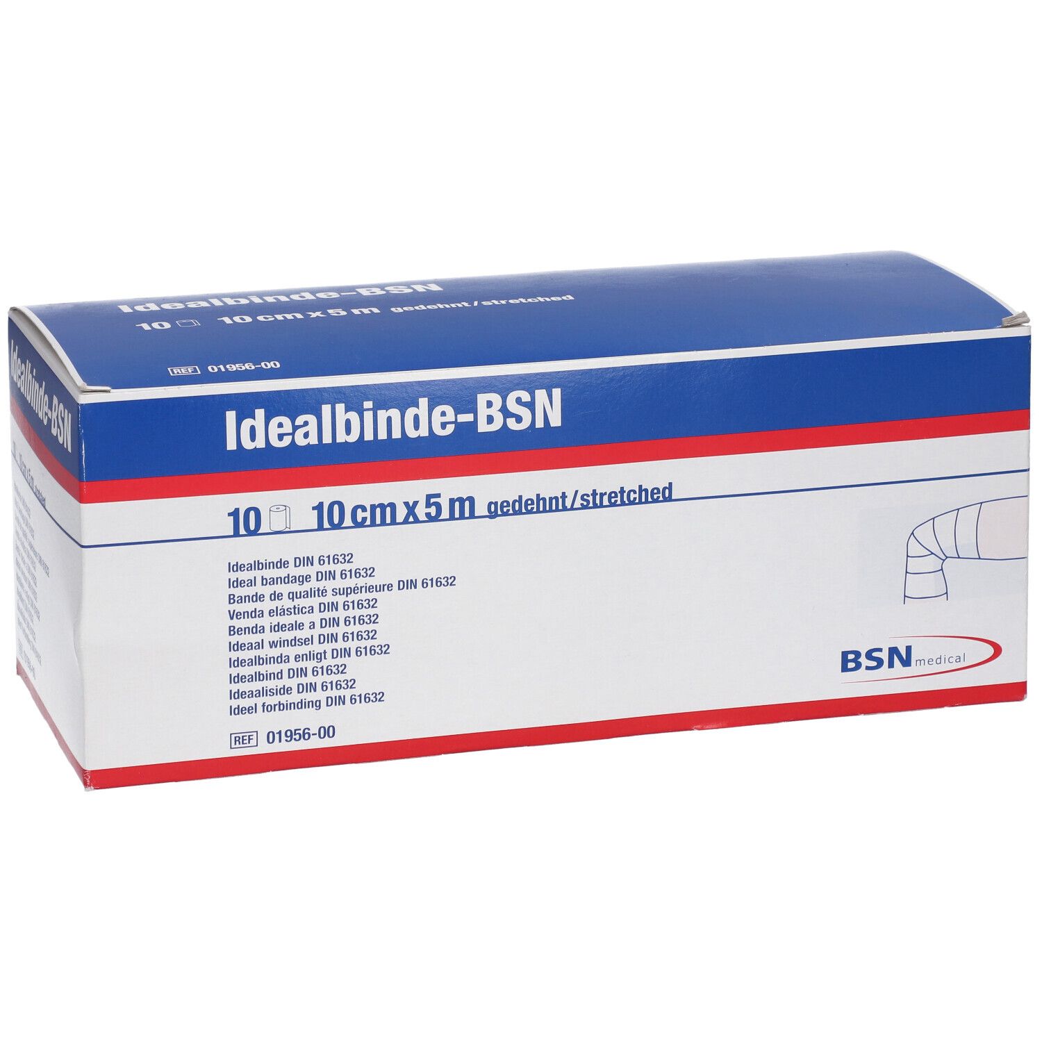 Emballage Idealbinde-BSN. Design bleu et blanc. 10 cm x 5 m étiré. Logo BSN medical.