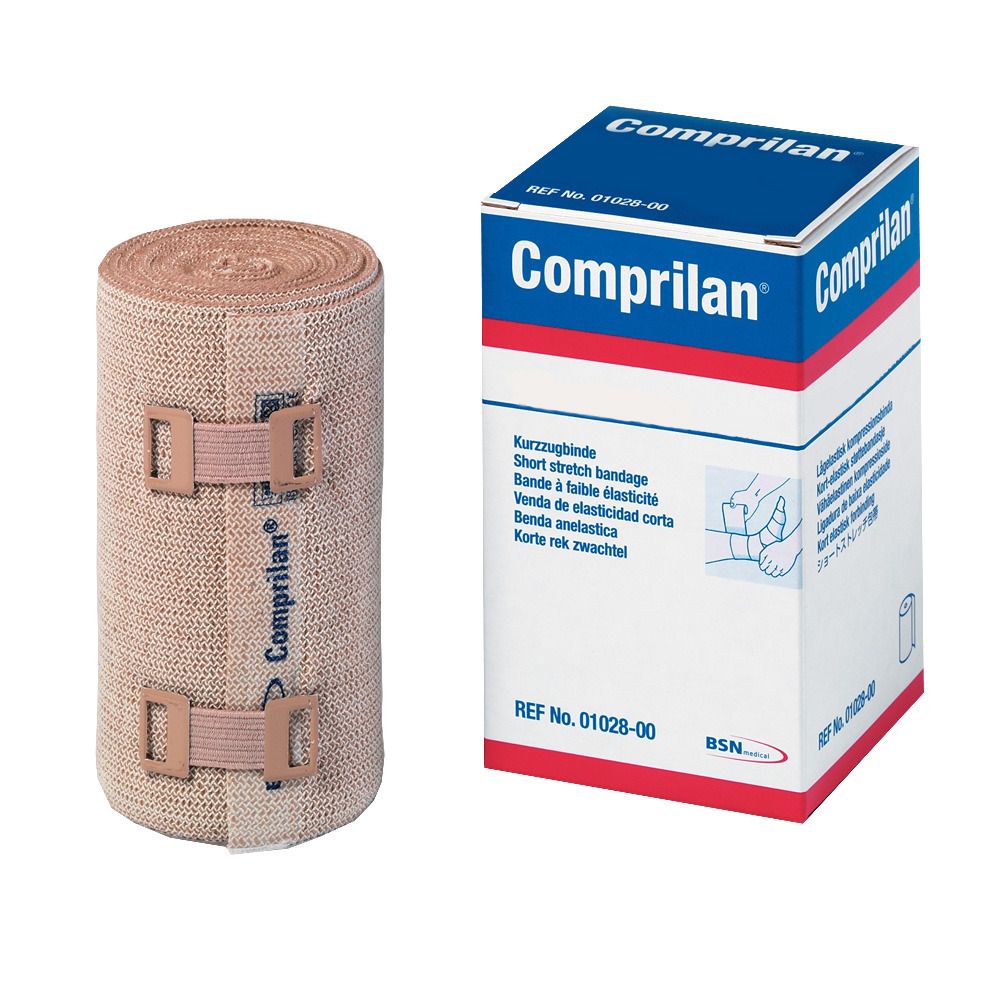 Bande de compression beige enroulée, avec fermetures velcro. À côté, emballage avec nom du produit et texte.