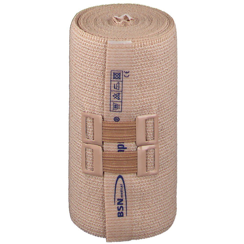 Bande de compression beige enroulée. Avec fermeture et instructions d'entretien. Logo BSN Medical.