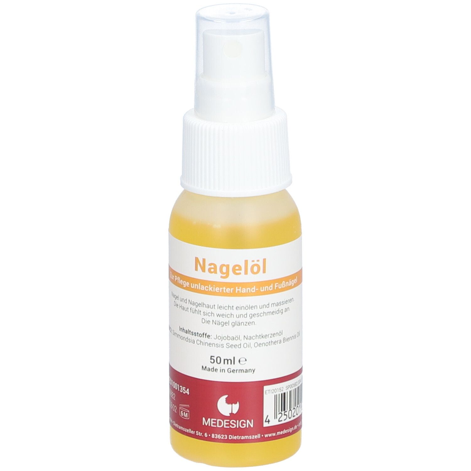 Huile pour ongles jaune en flacon pulvérisateur. Tête de pulvérisation blanche. Inscription : Nagelöl, 50ml, MEDESIGN.
