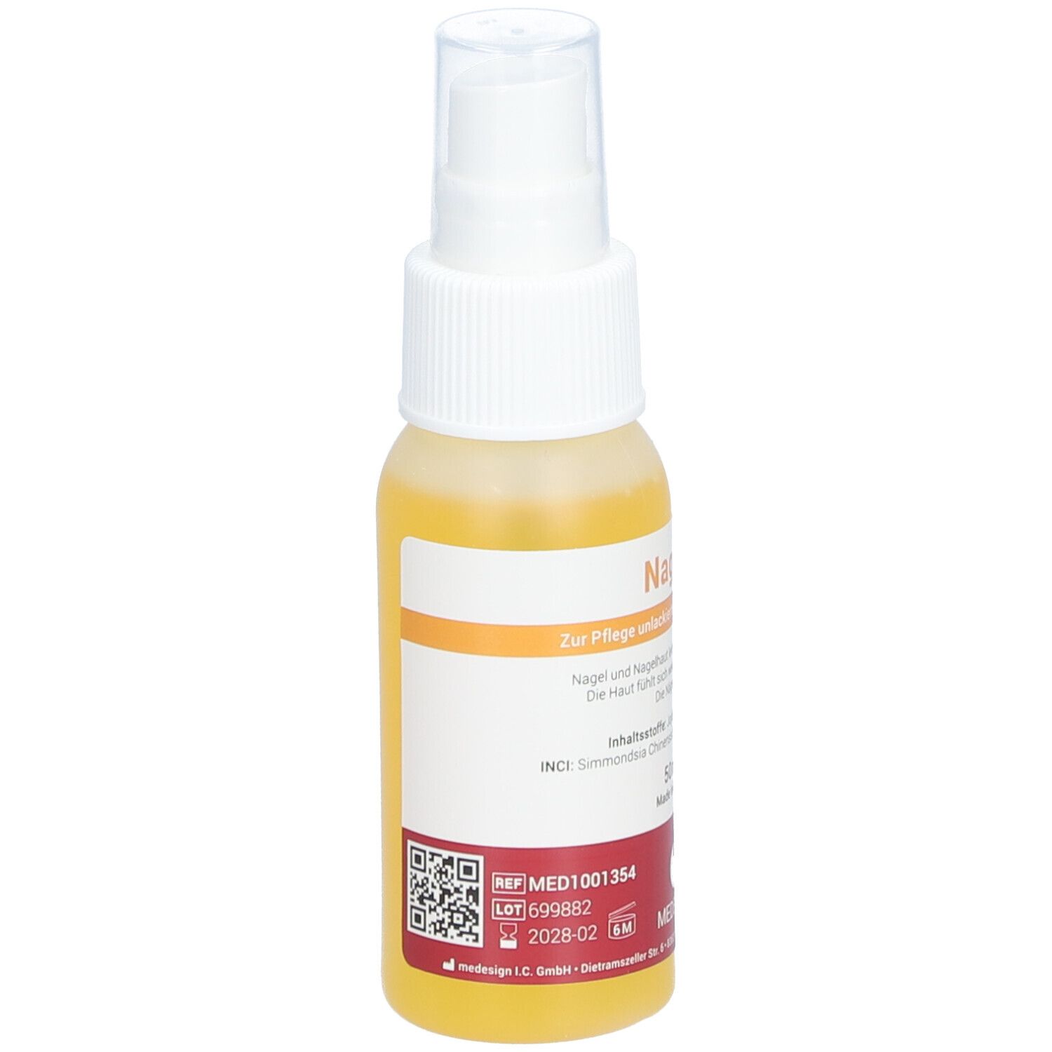 Dos du flacon de spray pour ongles. Inscription : Zur Pflege, logo MEDESIGN, code QR.