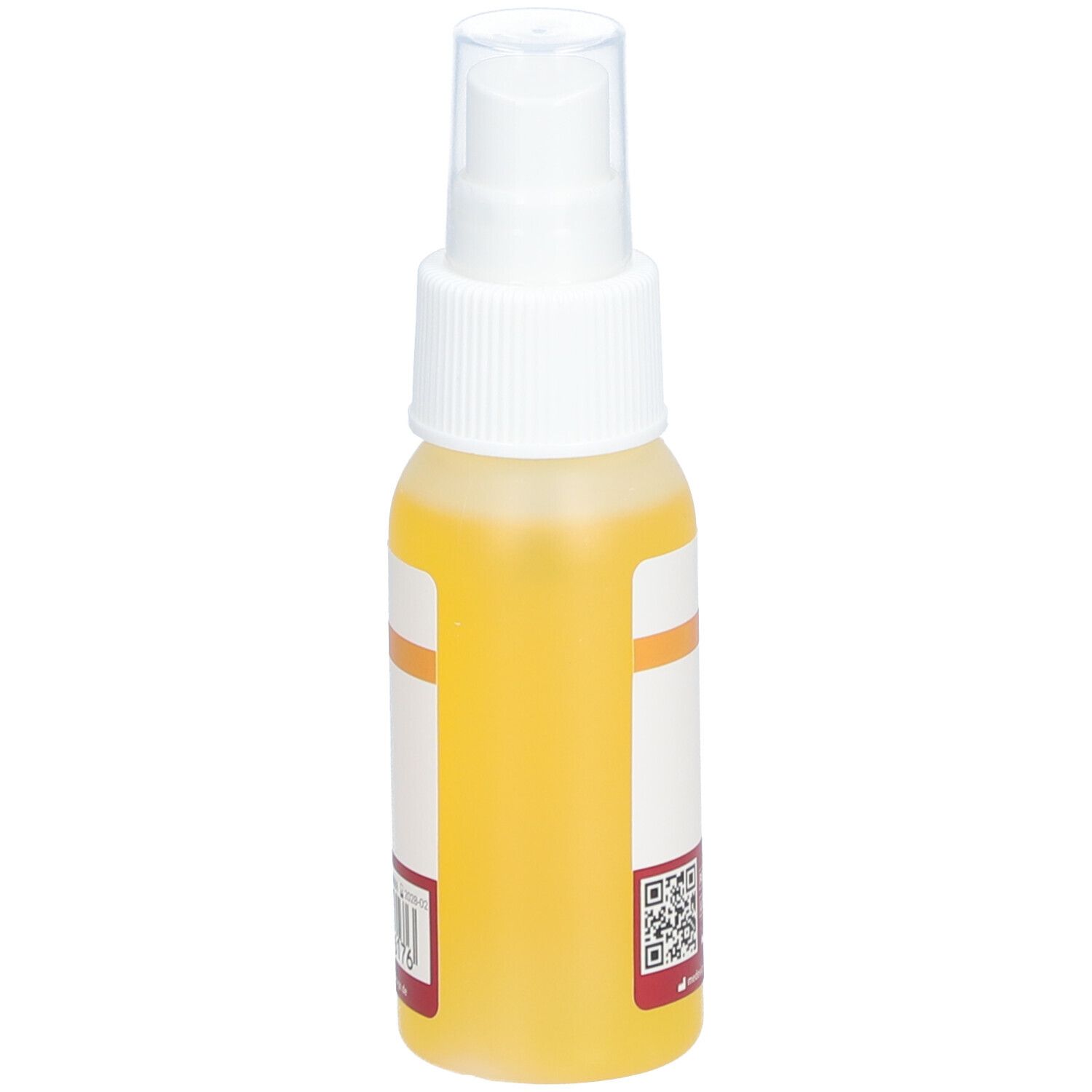 Vue latérale du flacon de spray pour ongles. Liquide jaune, tête de pulvérisation blanche.