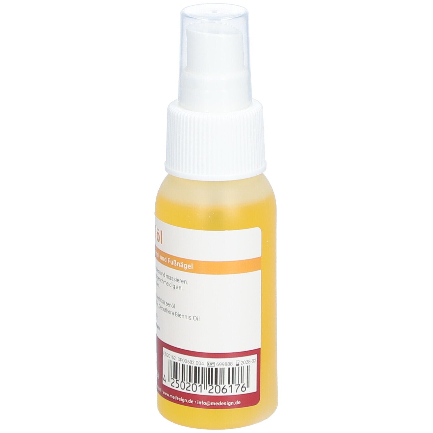 Gros plan du flacon de spray pour ongles. Inscription : Nagelöl, ingrédients, logo MEDESIGN.
