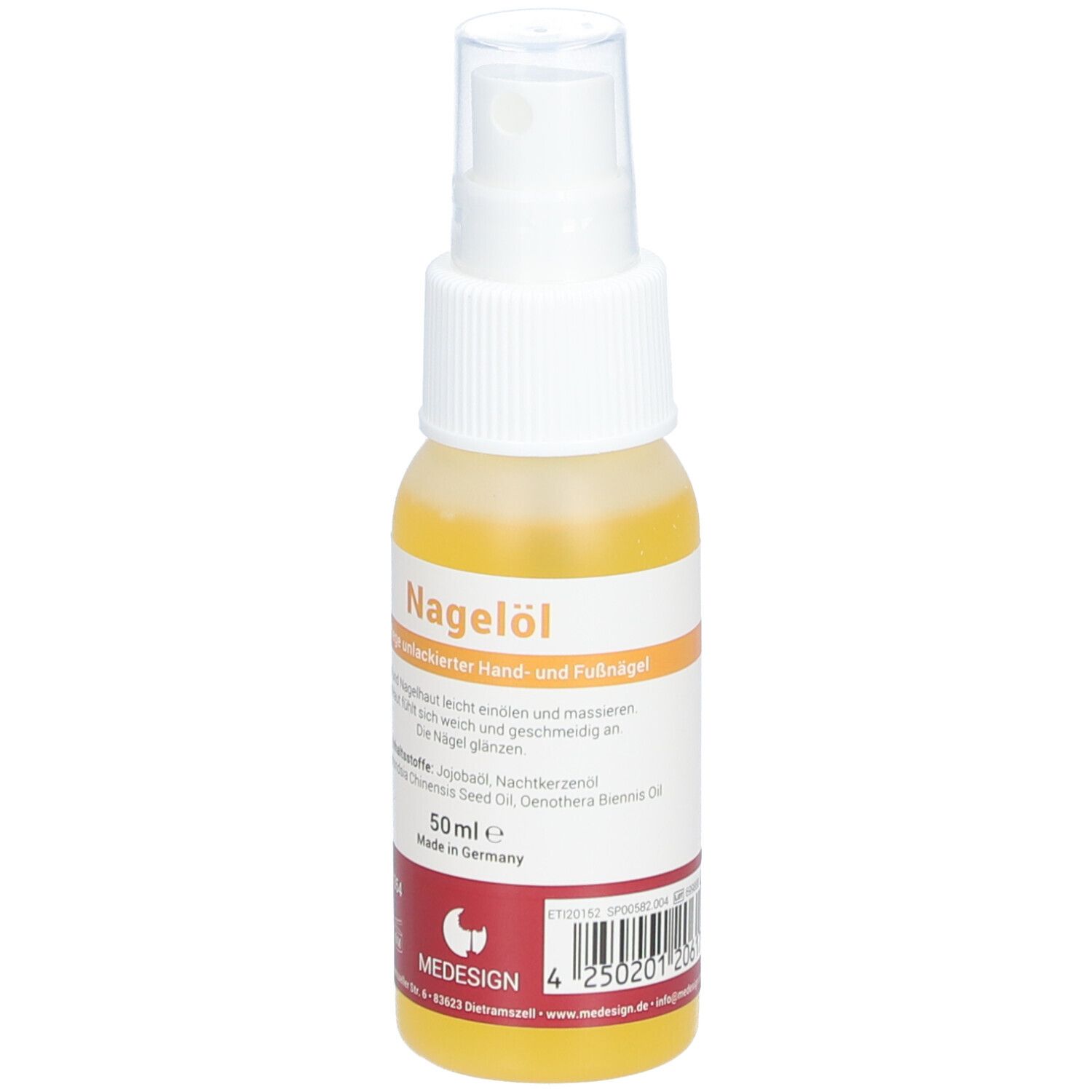 Flacon de spray pour ongles. Inscription : Nagelöl, 50ml, logo MEDESIGN, code-barres.