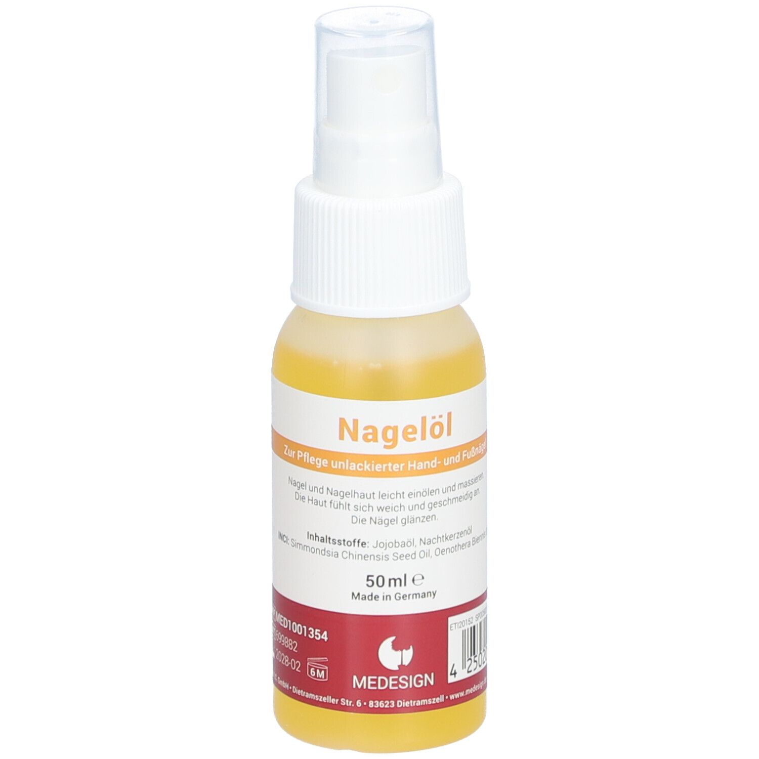 Flacon de spray pour ongles. Inscription : Nagelöl, 50ml, logo MEDESIGN, ingrédients.