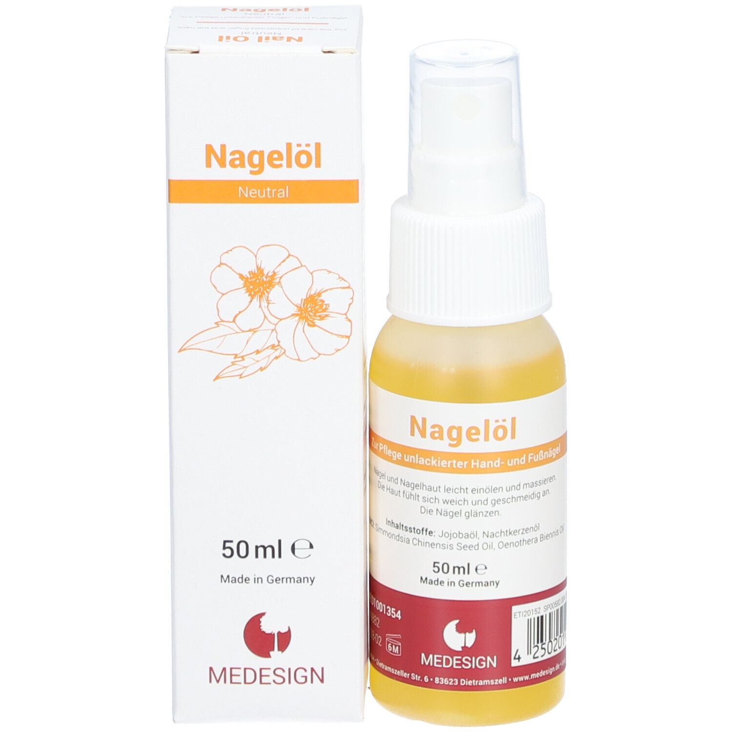 Flacon de spray pour ongles et boîte. Inscription : Nagelöl Neutral, 50ml, MEDESIGN.