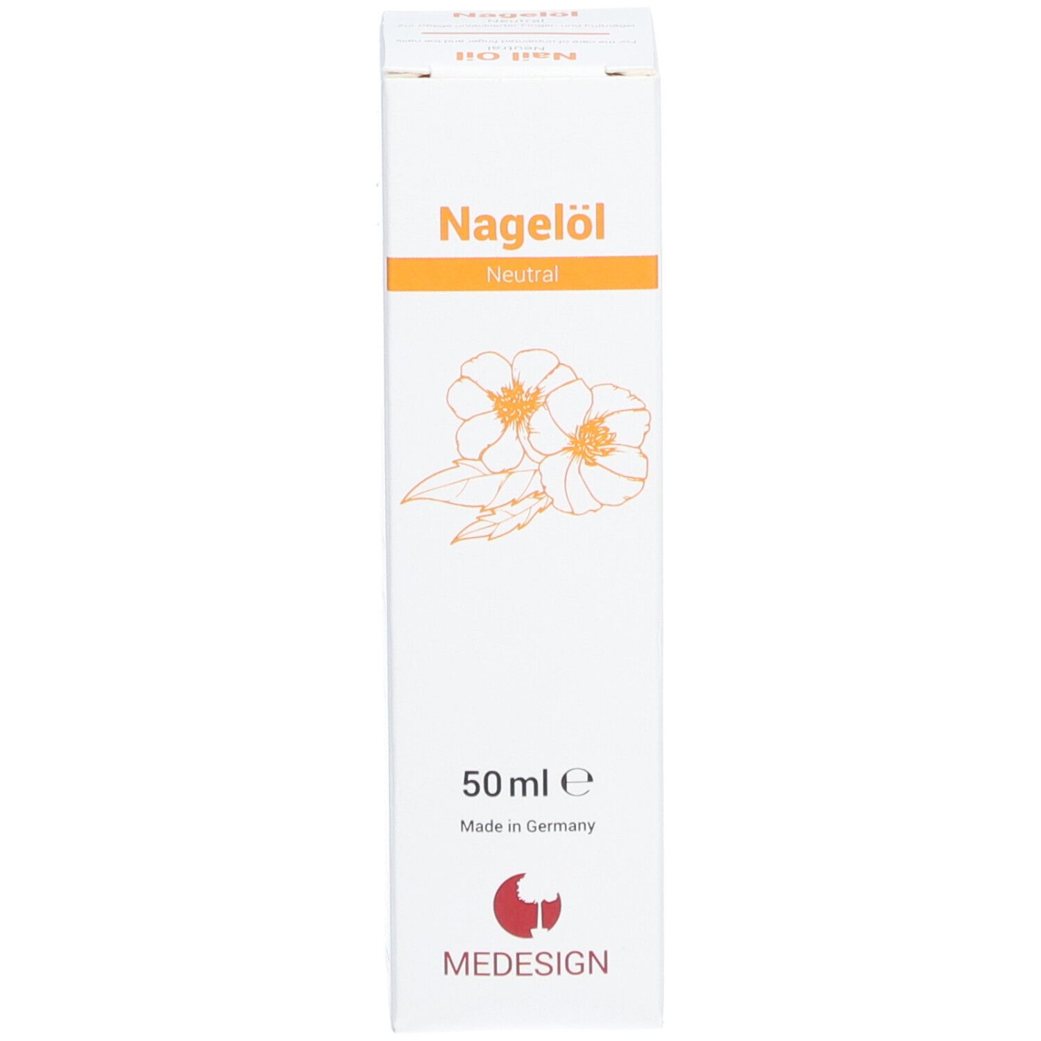Boîte pour huile pour ongles. Inscription : Nagelöl Neutral, 50ml, logo MEDESIGN, fleurs.