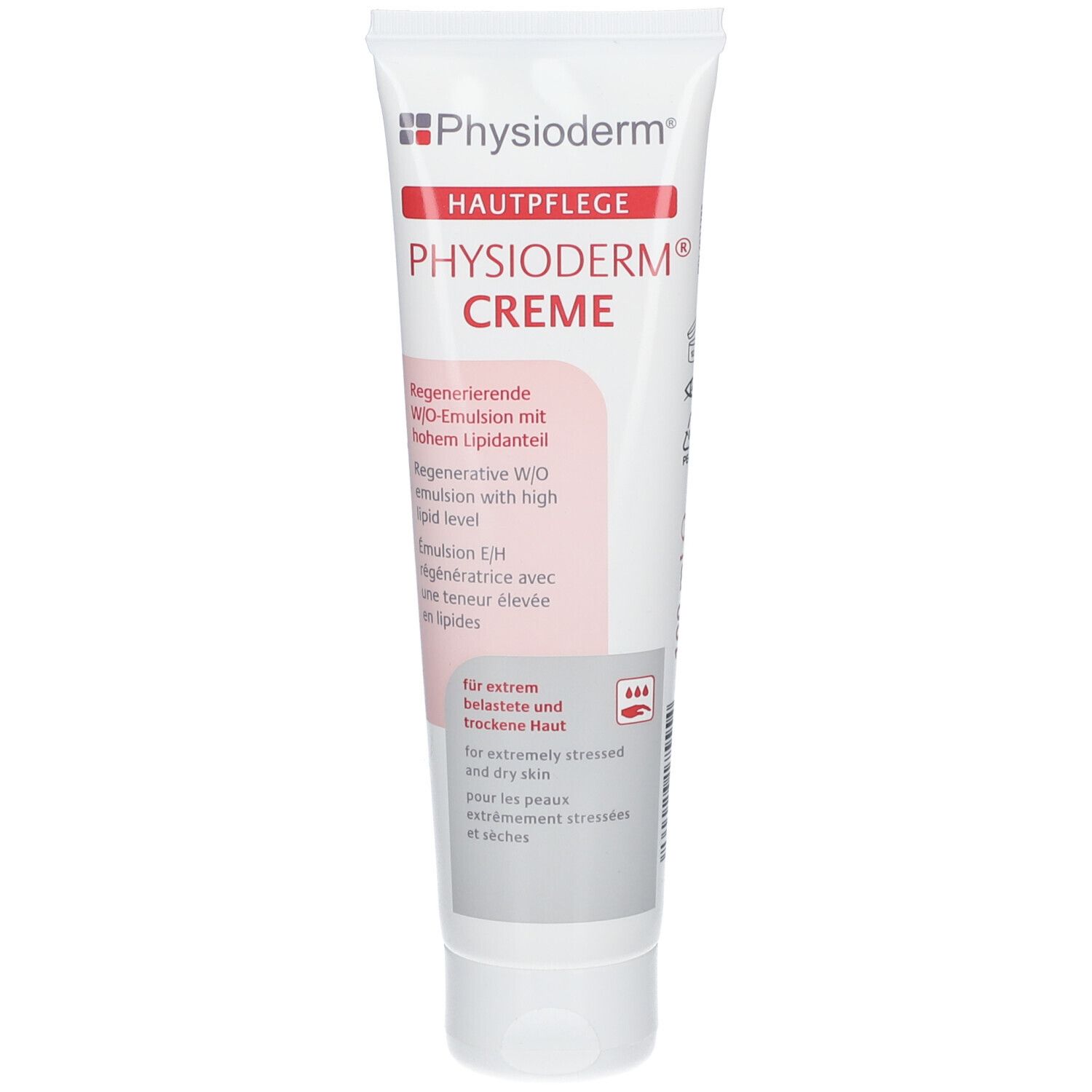 Tube blanc avec texte rouge et noir. Inscription: Physioderm Creme. Produit pour peaux extrêmement stressées et sèches.