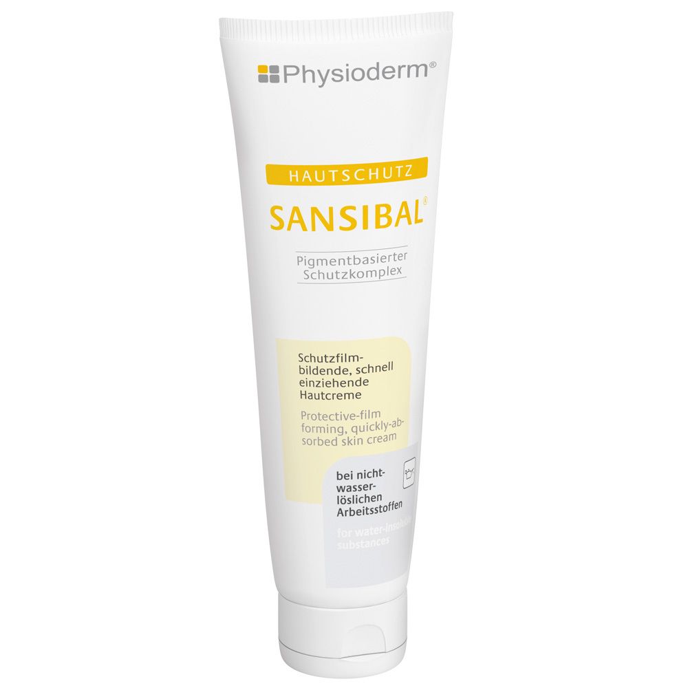Tube blanc avec bande jaune. Inscription: SANSIBAL crème protectrice. Marque: Physioderm. Texte en allemand et anglais.