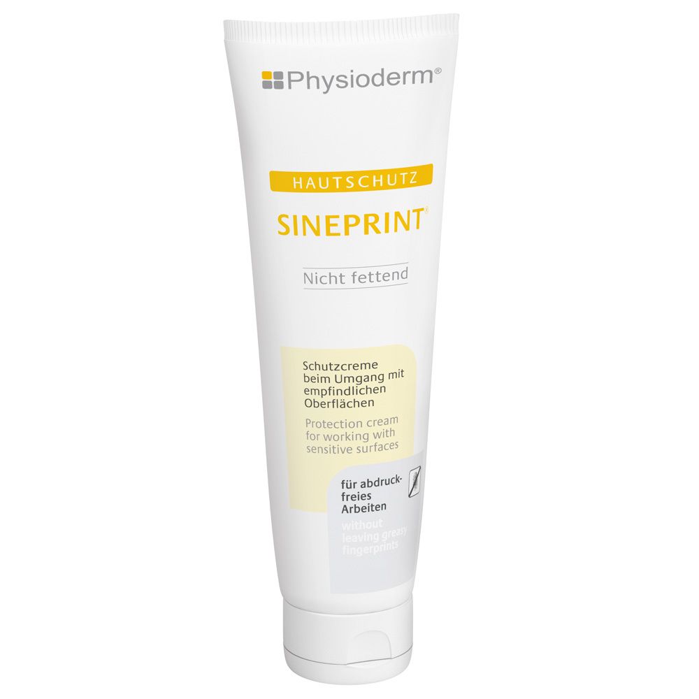 Tube blanche avec accents jaunes. Inscription: Sineprint protection cutanée. Non gras. Logo Physioderm.
