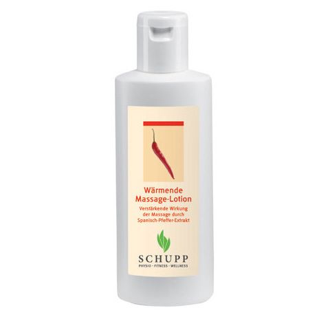 Flacon blanc avec étiquette. Illustration de piment rouge. Texte : Wärmende Massage-Lotion. Marque : SCHUPP.