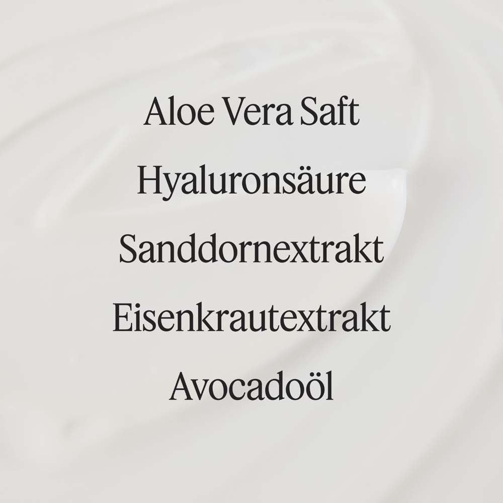 Liste de texte: Jus d'Aloe Vera, Acide hyaluronique, Extrait d'argousier, Extrait de verveine, Huile d'avocat.