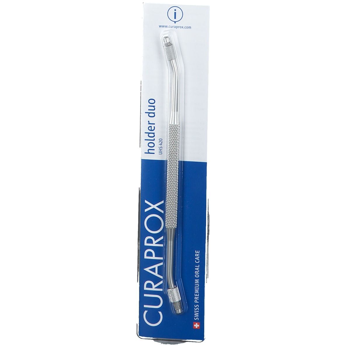 Support duo UHS 420. Métal courbé. Logo CURAPROX. Emballage blister.