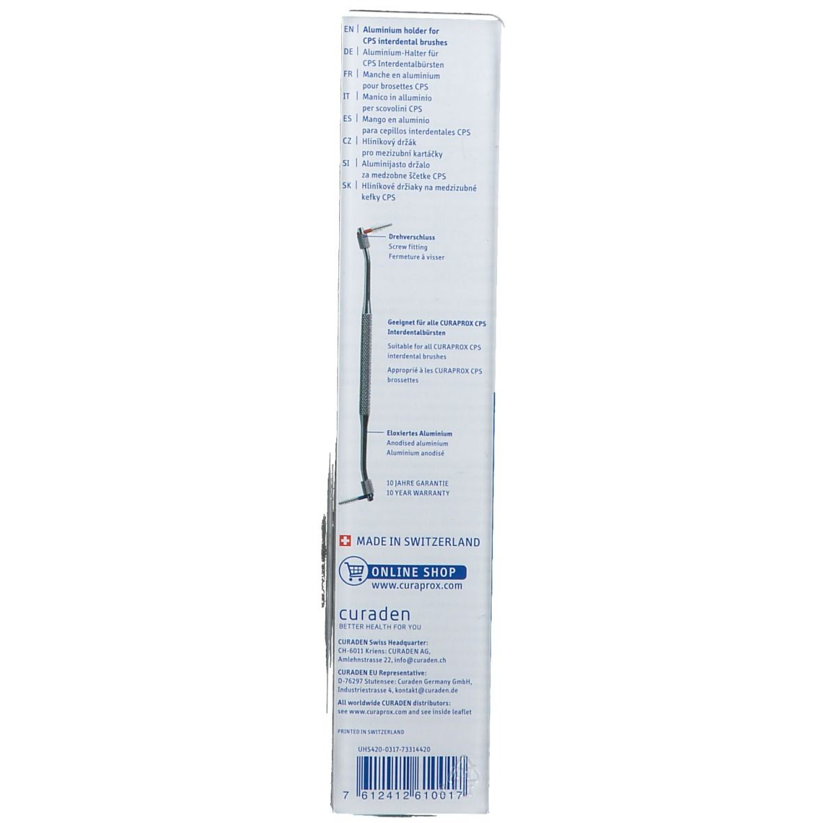 Emballage pour support duo UHS 420. Texte: CURAPROX, Swiss Premium Oral Care. Fabriqué en Suisse.