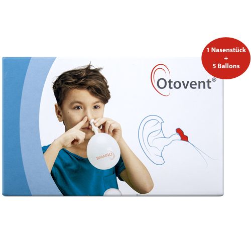 Emballage du système Otovent. Enfant utilisant l'embout nasal. Inscription : 1 embout nasal + 5 ballons. Illustration d'une oreille.