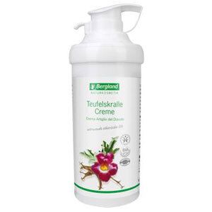 Flacon blanc avec pompe. Inscription: Bergland Teufelskralle Creme. Illustration d'une fleur.