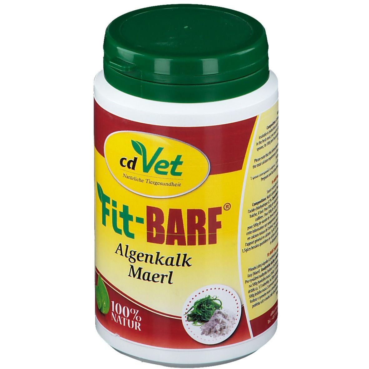 Récipient blanc avec couvercle vert. Inscription : cd Vet Fit-BARF Algenkalk. Étiquette jaune-rouge avec illustration du produit.
