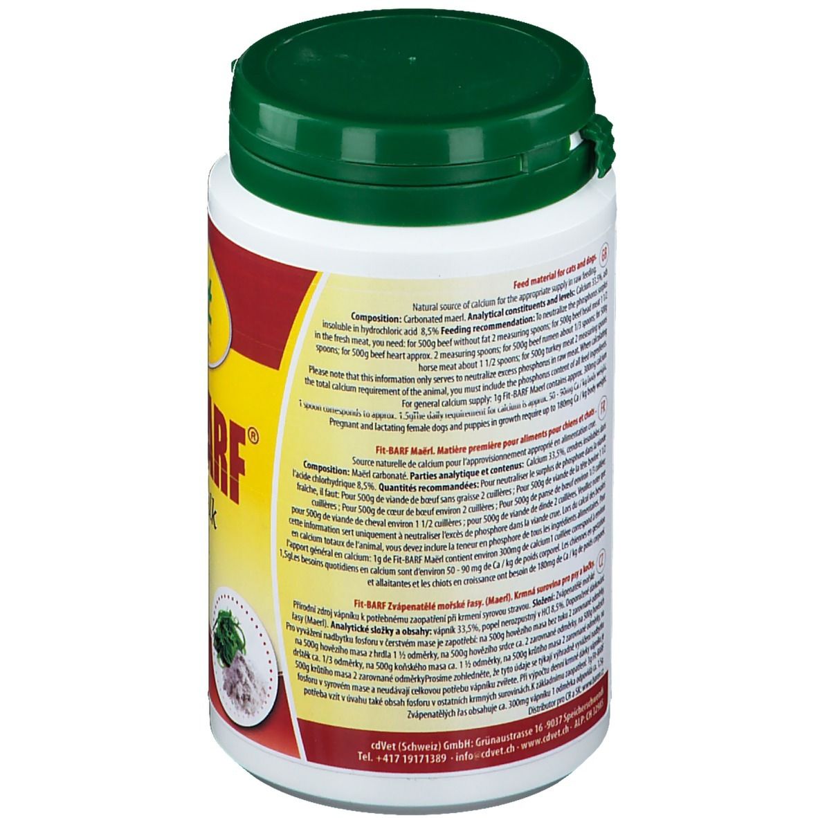 Dos du récipient blanc avec couvercle vert. Informations textuelles en plusieurs langues. Nom du produit : Fit-BARF Algenkalk.