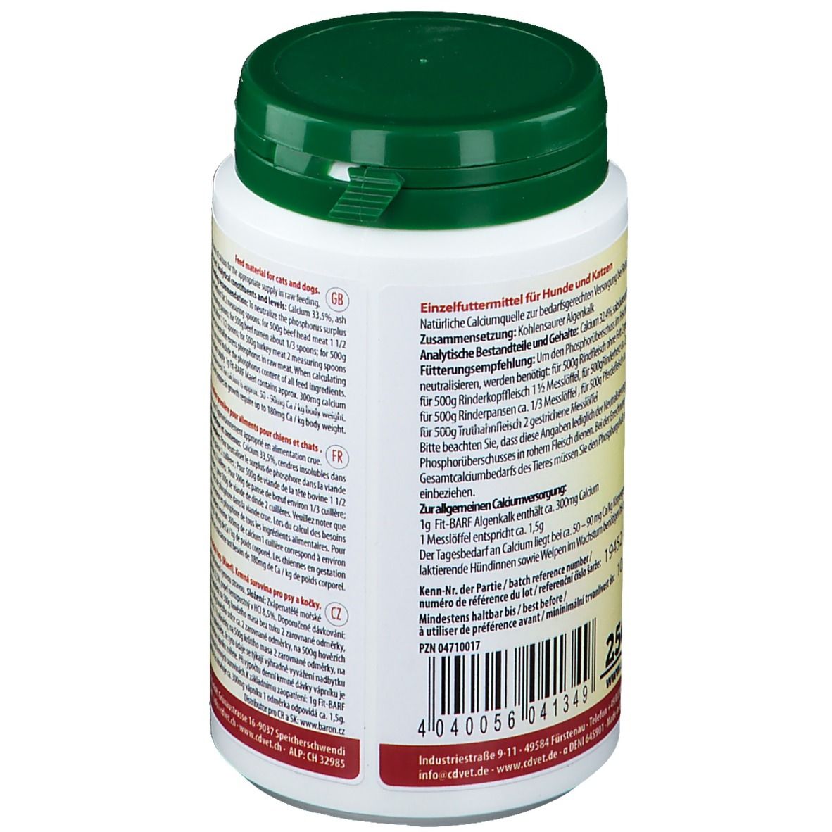 Dos du récipient blanc avec couvercle vert. Informations textuelles en plusieurs langues. Nom du produit : Fit-BARF Algenkalk.
