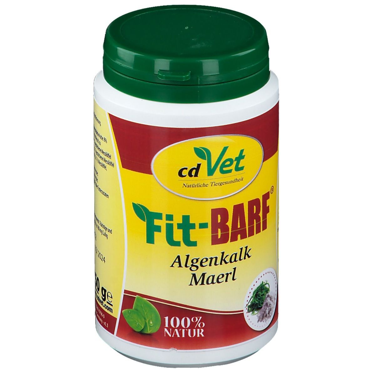 Récipient blanc avec couvercle vert. Inscription : cd Vet Fit-BARF Algenkalk. Étiquette jaune-rouge avec illustration du produit.