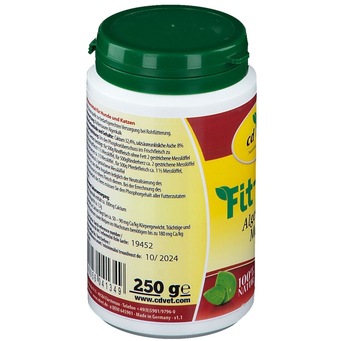 Récipient blanc avec couvercle vert. Inscription : cd Vet Fit-BARF Algenkalk. Étiquette jaune-rouge avec illustration du produit.