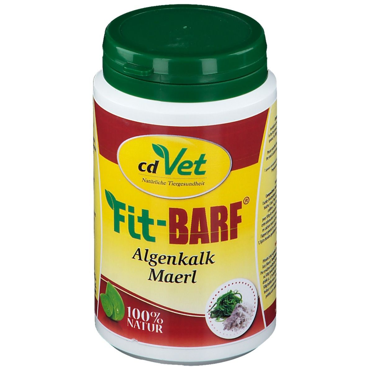 Récipient blanc avec couvercle vert. Inscription : cd Vet Fit-BARF Algenkalk. Étiquette jaune-rouge avec illustration du produit.